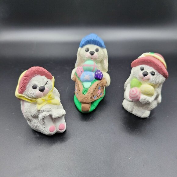 Easter Egg Bunny Rabbit Figurines Set of Three Bonnet Festive Spring - Picture 2 of 5